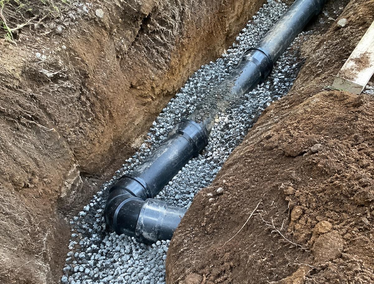 Canalisation d'évacuation enterrée remplacée dans une tranchée