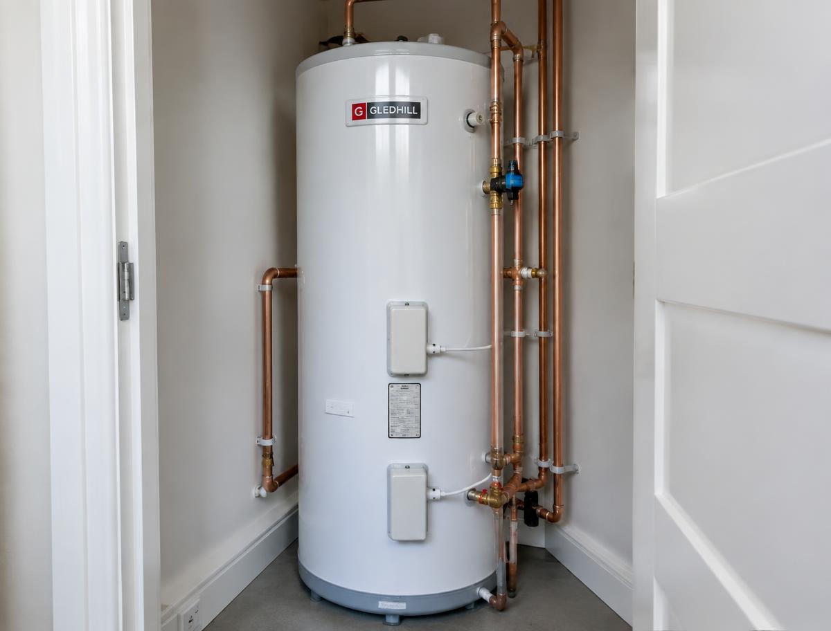 Chauffe-eau neuf installé avec un réseau de tuyaux en cuivre soigné