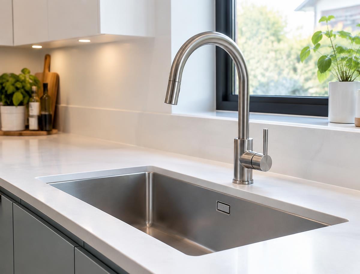 Évier de cuisine en inox avec mitigeur neuf raccordé