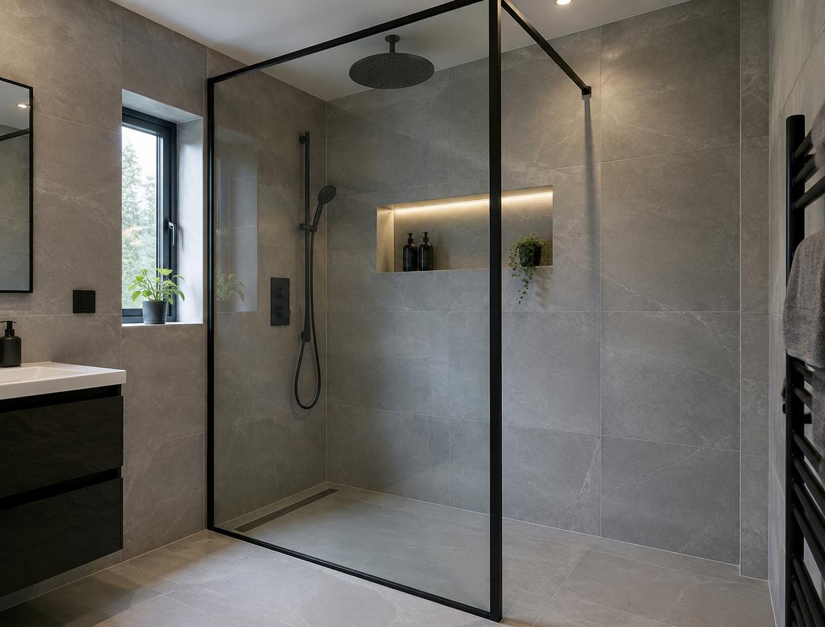 Douche à l'italienne avec paroi en verre et robinetterie noire
