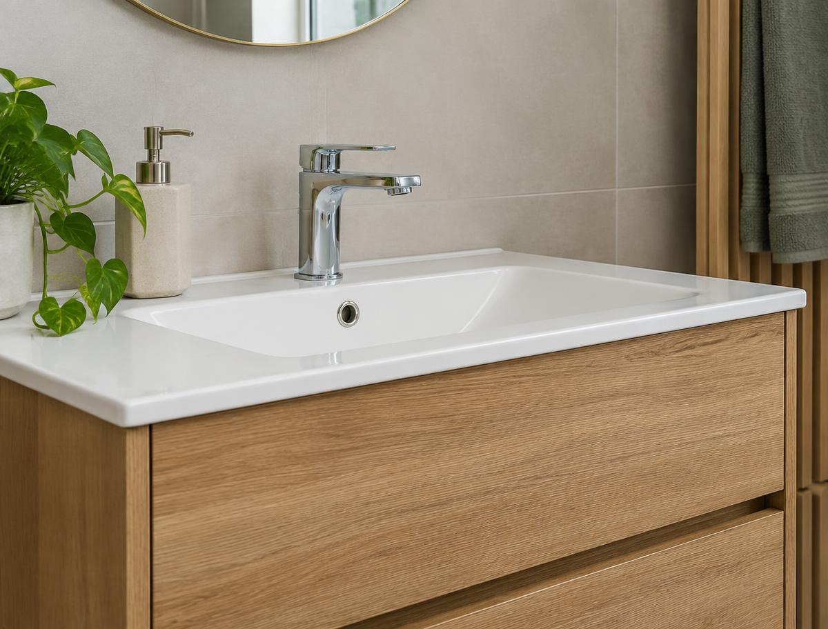 Lavabo blanc sur meuble en bois avec mitigeur chromé neuf