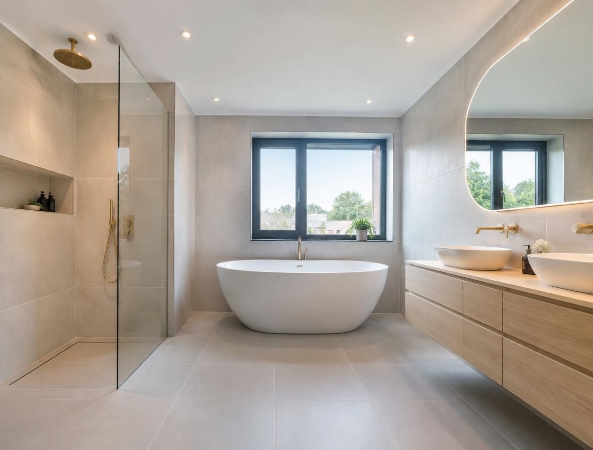 Salle de bain entièrement rénovée avec baignoire îlot et double vasque