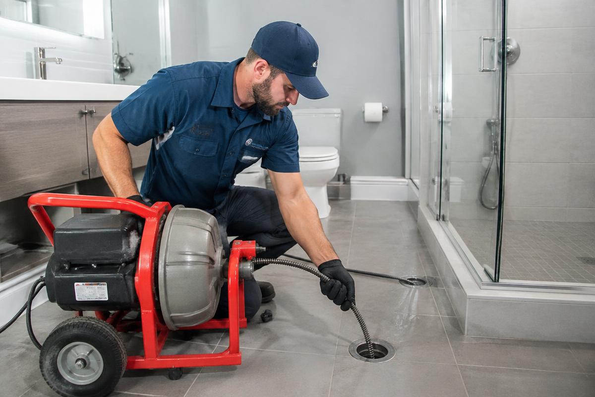 Débouchage d'une canalisation de salle de bain avec un furet électrique professionnel