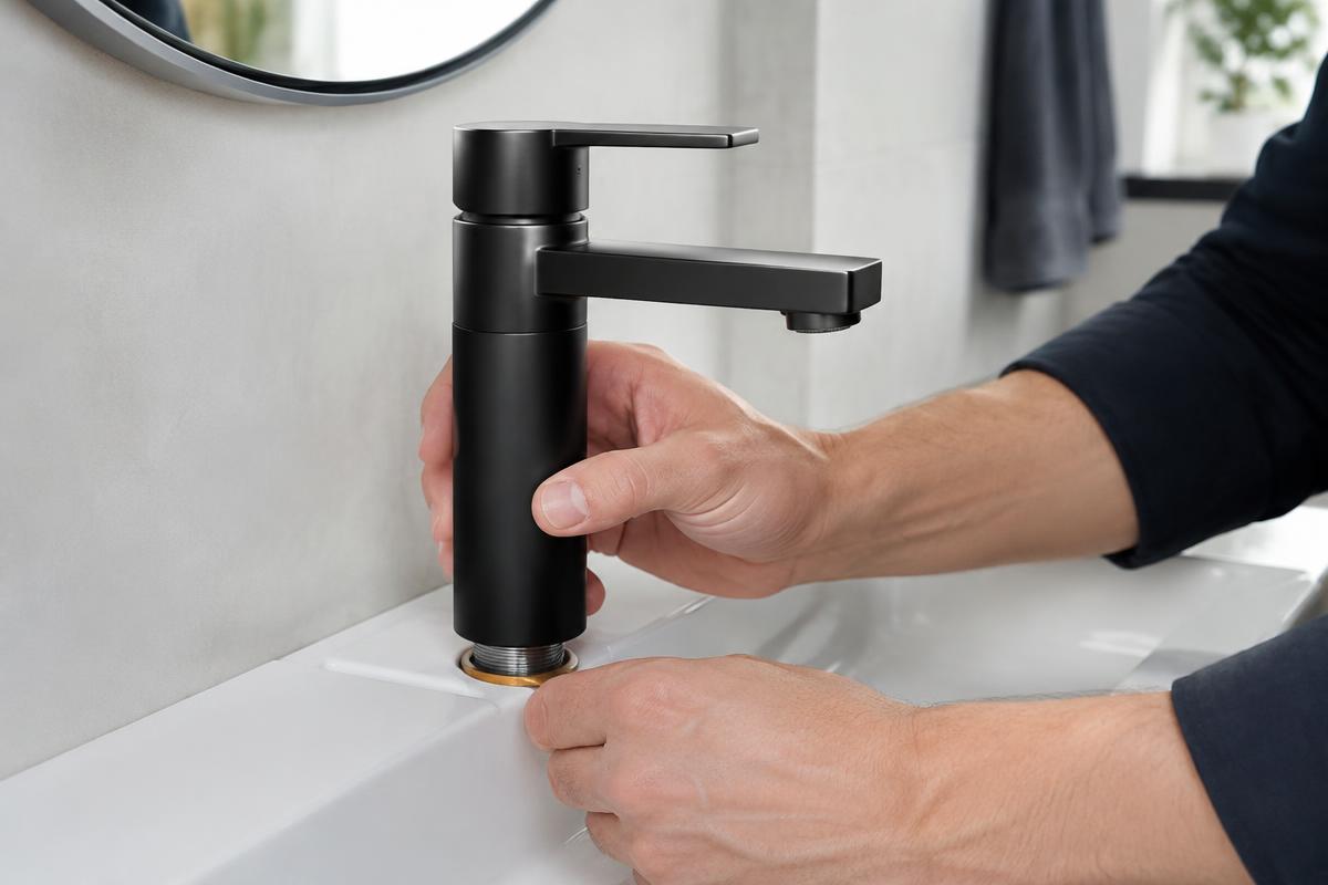 Installation d'un mitigeur noir moderne sur un lavabo de salle de bain